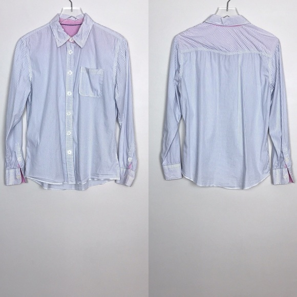 Blue White Striped Button Down Pink Check Size M - Picture 1 of 8